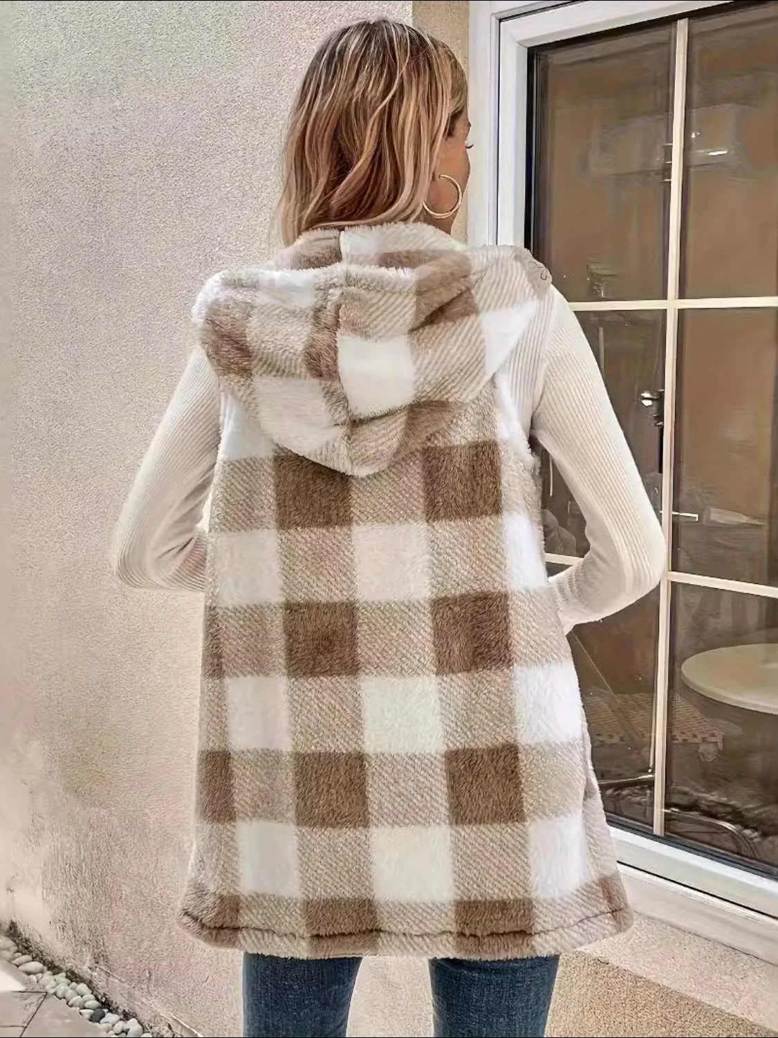 Esther | Fluffy checked vest coat with hood - Image 2