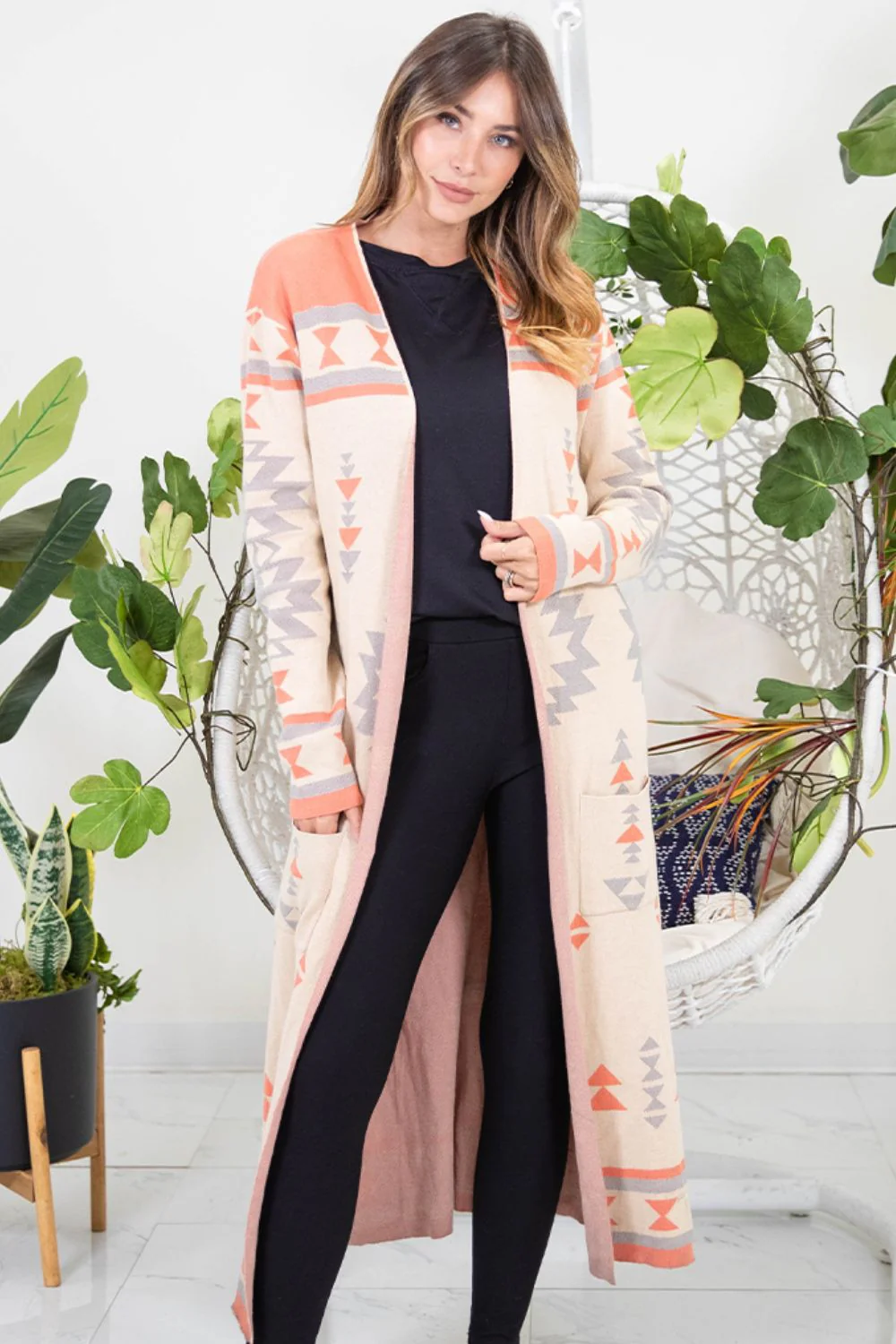 Esther | Sew In Love Long Sleeve Open Front Geometric Longline Cardigan