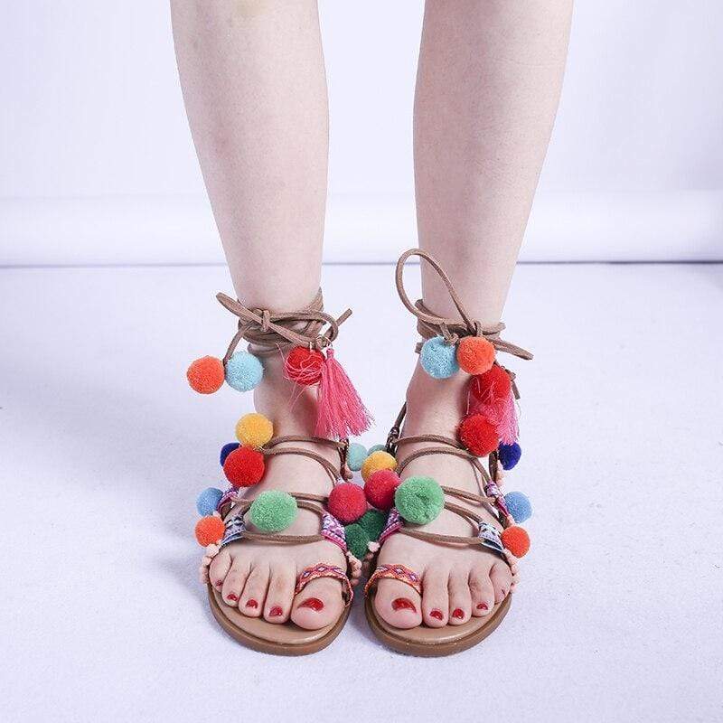 Eva® | Boho Sandals With Colorful Pompoms - Image 4