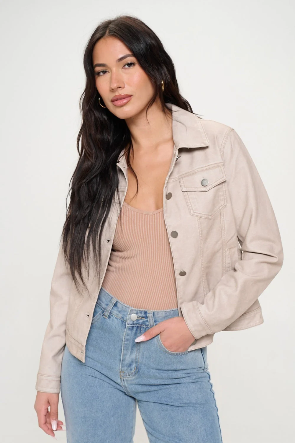 Eva | Button-down cargo jacket made from vegan leather - Image 3