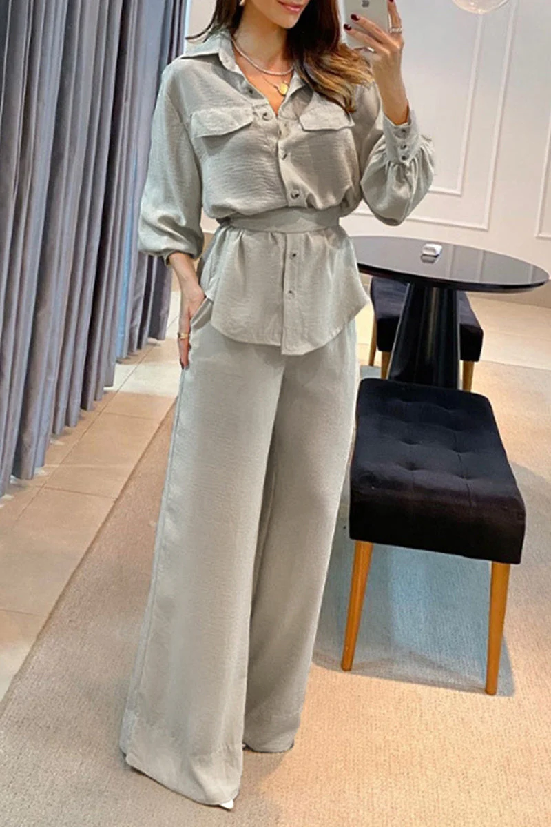 Eva | Casual, solid bandage turn-down collar, long sleeve, two-piece - Image 2