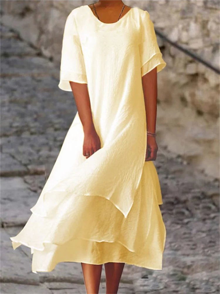Eva® | Double-Layered Slit Short-Sleeved Dress With Round Neck - Image 2