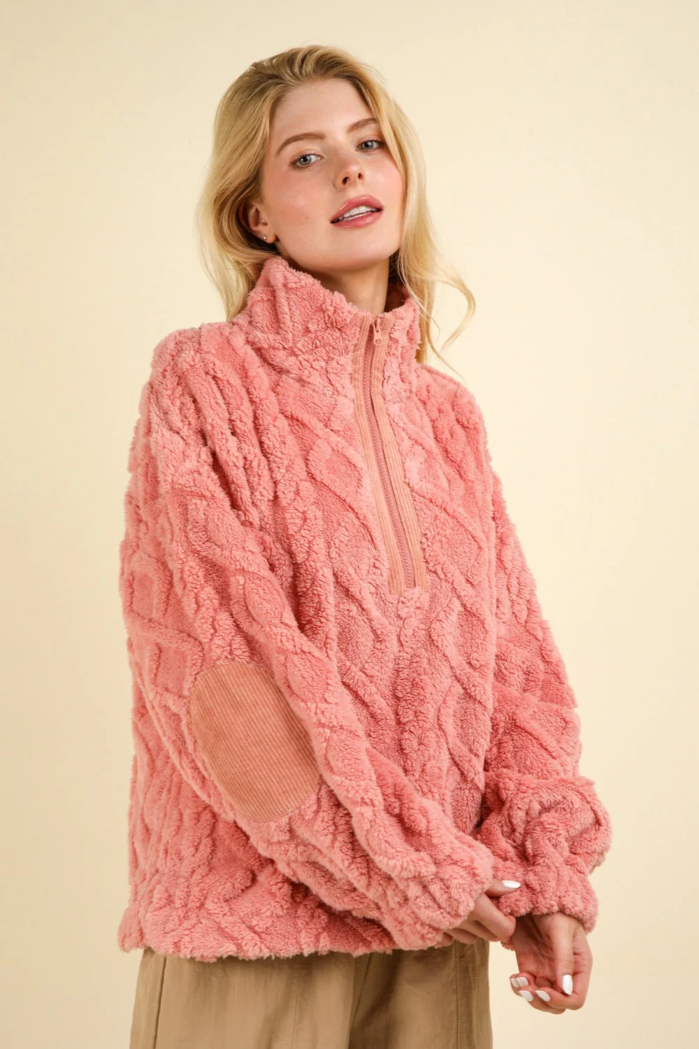 Eva | Fluffy cable knit fleece half zip sweatshirt - Image 3