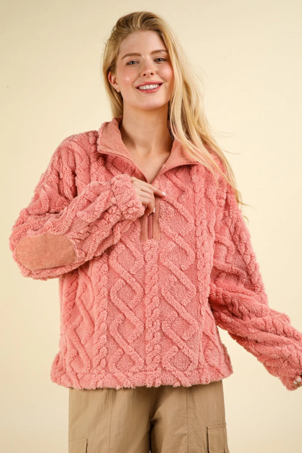 Eva | Fluffy cable knit fleece half zip sweatshirt - Image 4