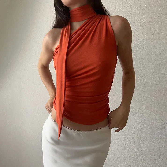 Evelyn® | Fashionable Sleeveless Wrap Top With Scarf - Image 4