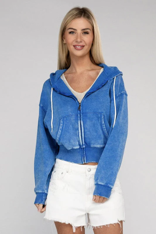 Fabiana | Cropped acid wash fleece zip-up hoodie - Image 11