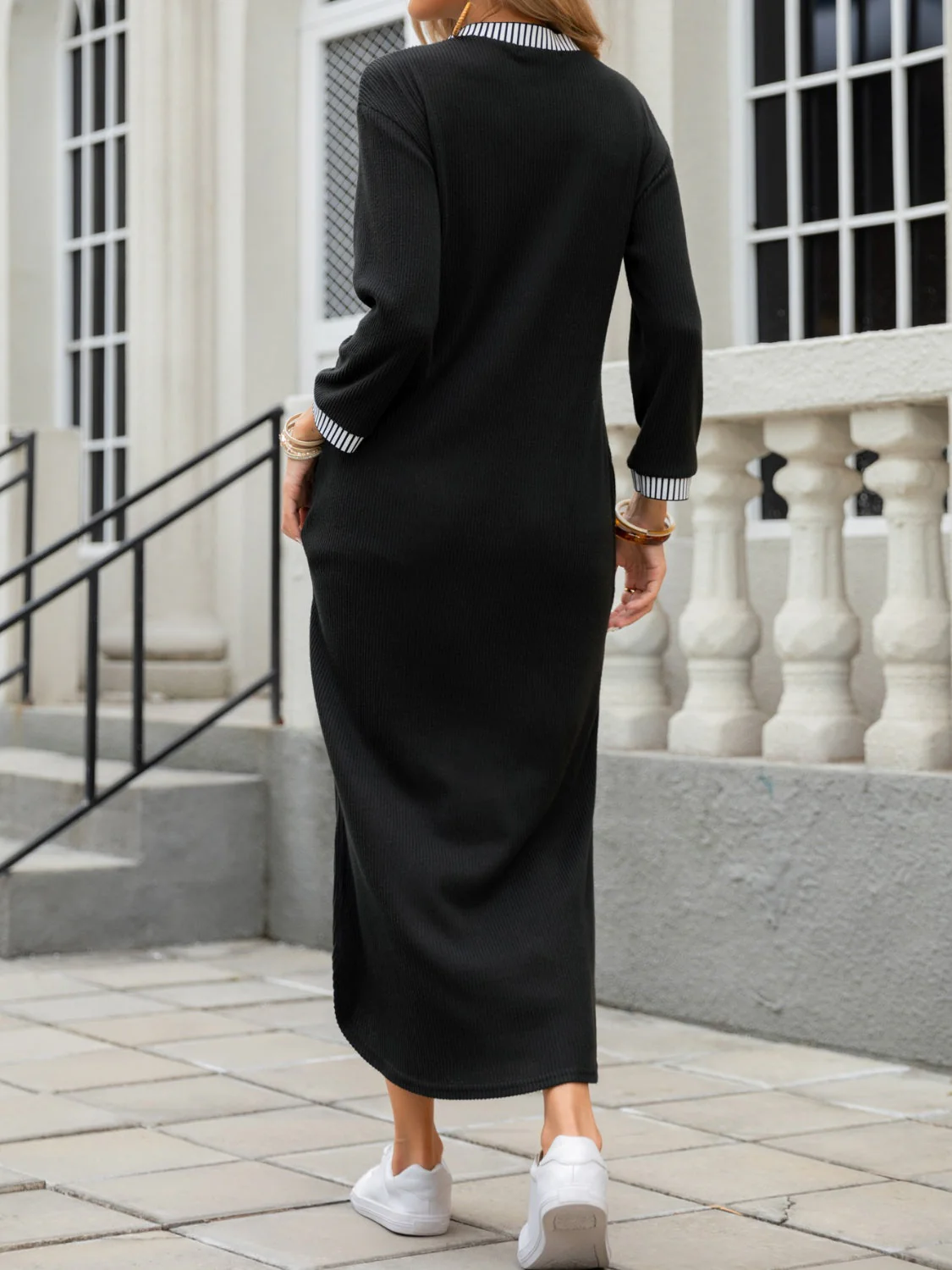 Fabiana | Long sleeve midi dress with slit and V-neck - Image 3