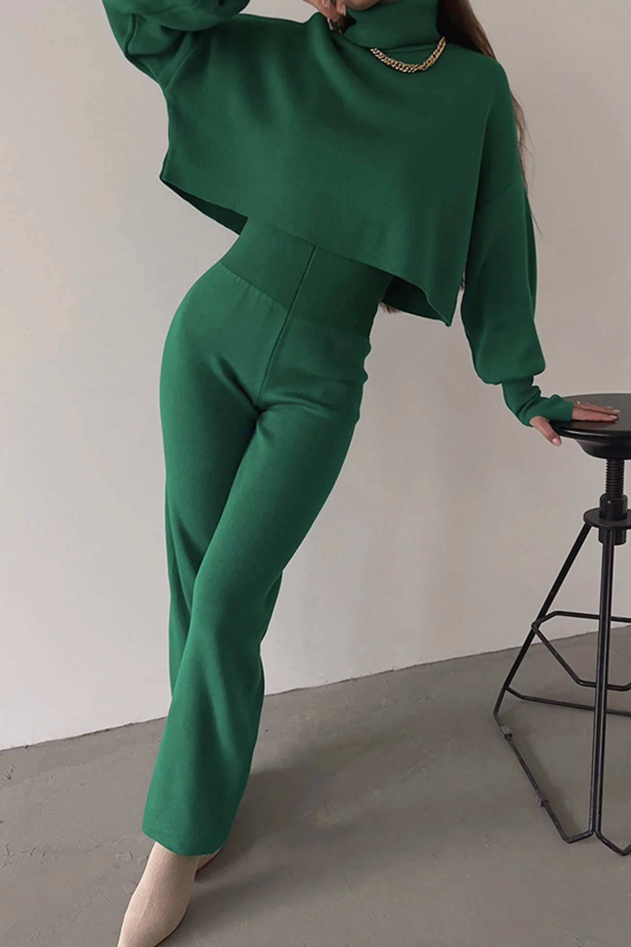 Fabiana | Solid high neck crop top long pants set - Image 5