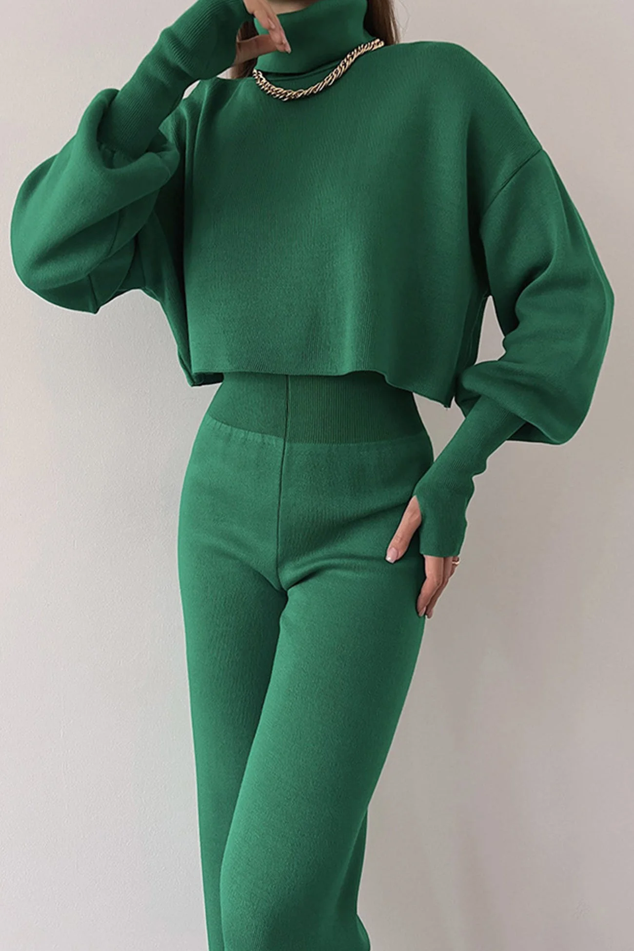 Fabiana | Solid high neck crop top long pants set - Image 6