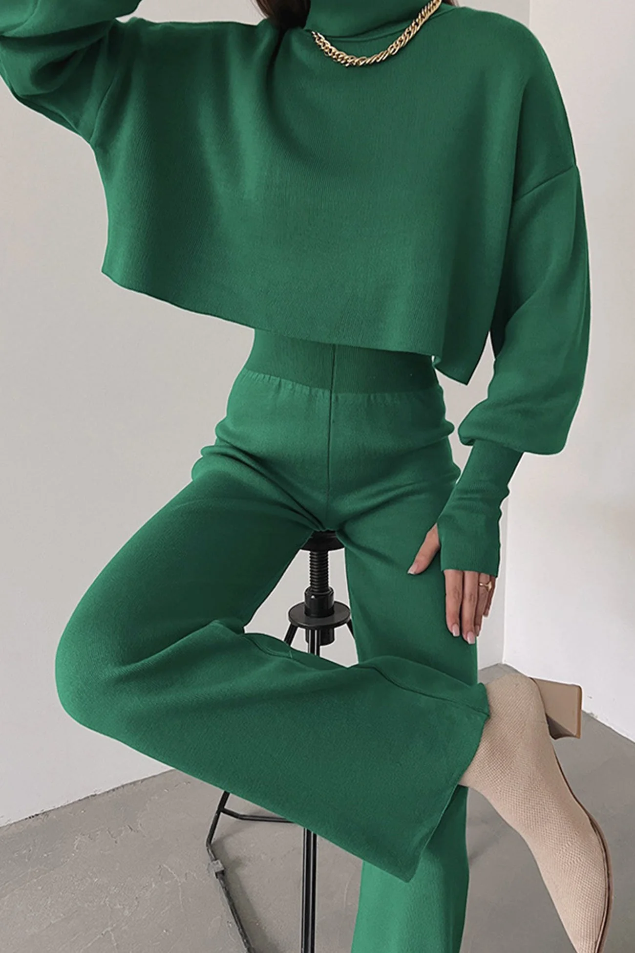 Fabiana | Solid high neck crop top long pants set - Image 8