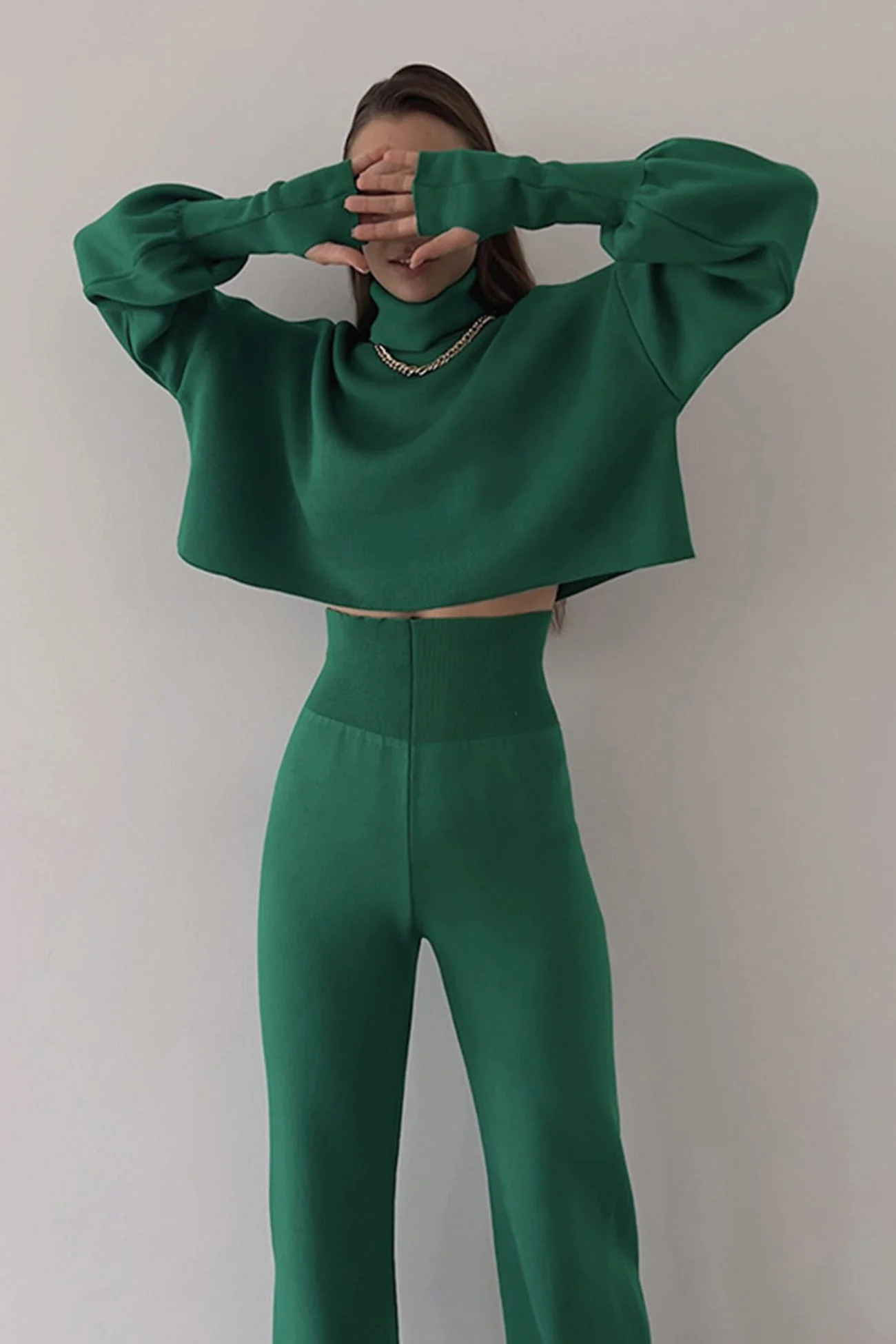 Fabiana | Solid high neck crop top long pants set - Image 9