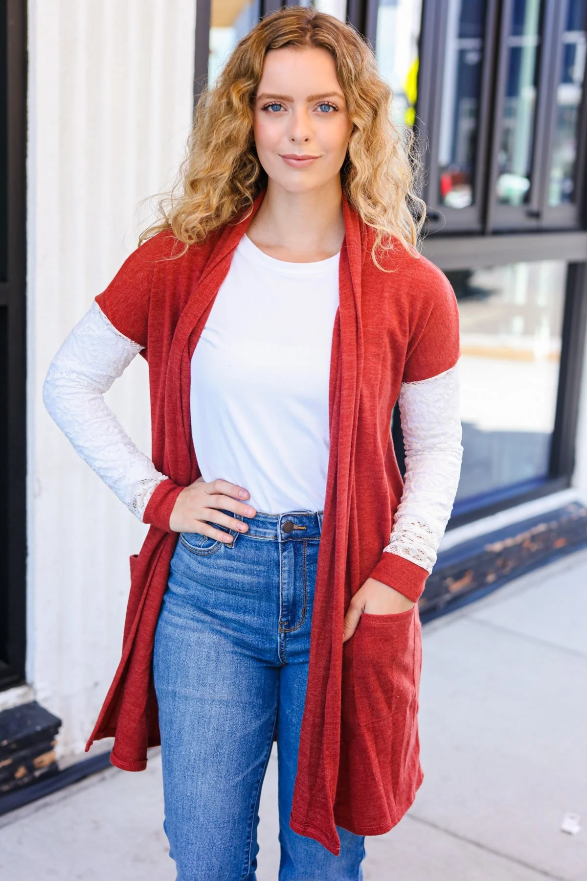 Fabienne | Casual Days Rust Hacci Cardigan with Lace Sleeves and Front Pocket - Image 4