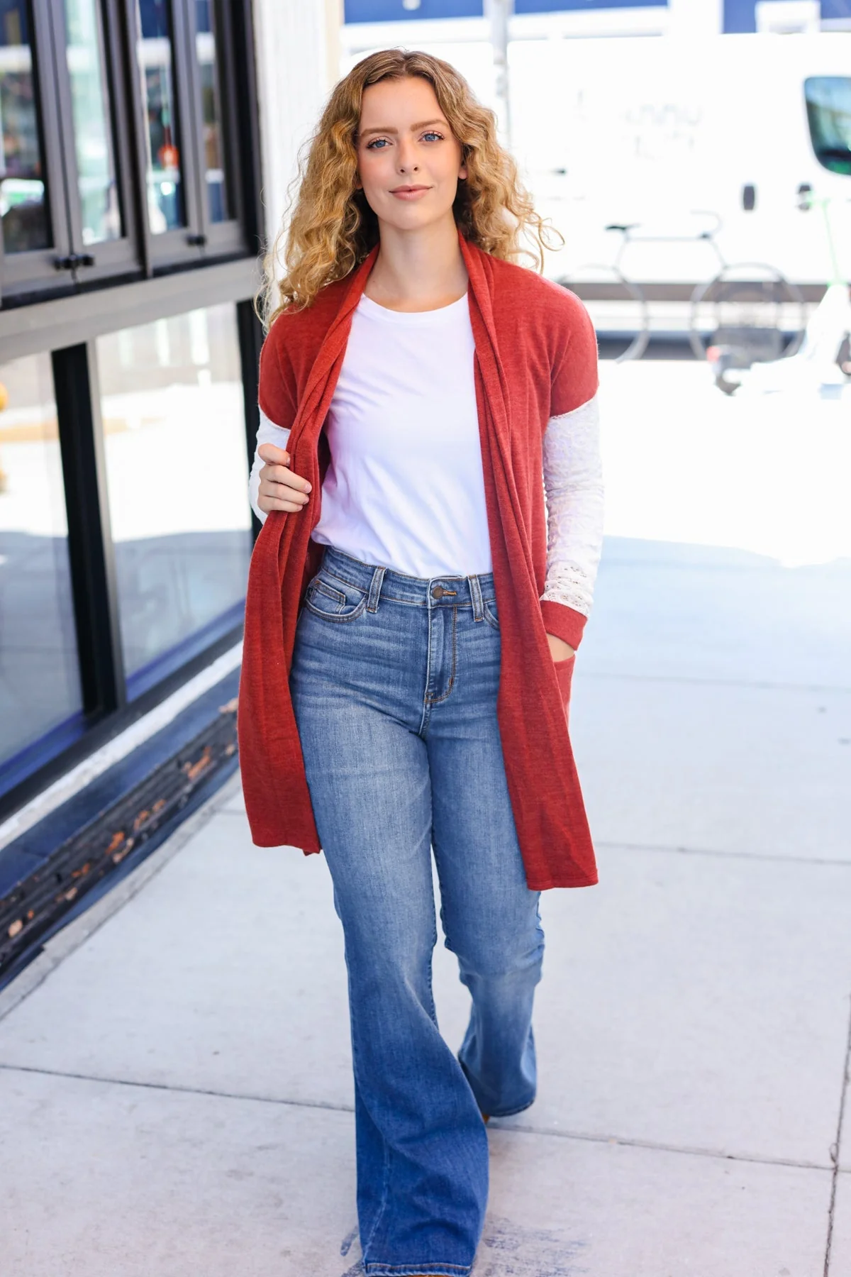 Fabienne | Casual Days Rust Hacci Cardigan with Lace Sleeves and Front Pocket - Image 5
