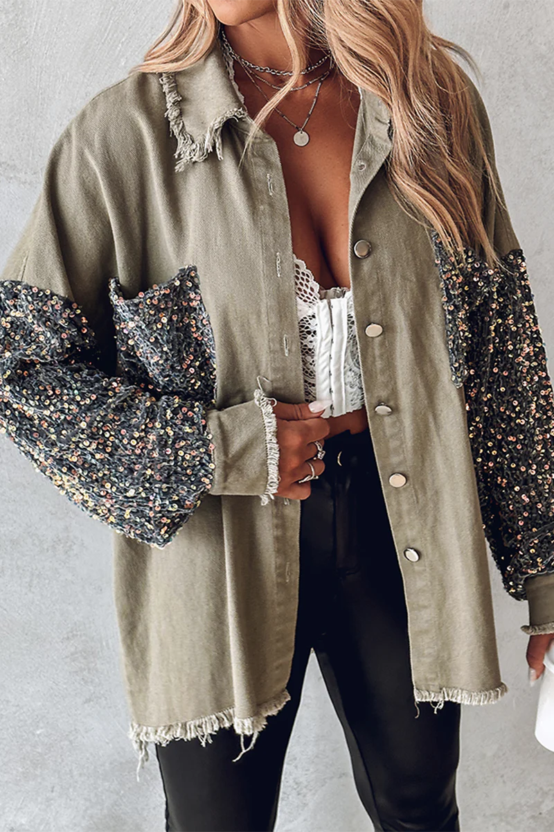 Fabiola | Casual tops with solid color sequin pocket turn-down collar