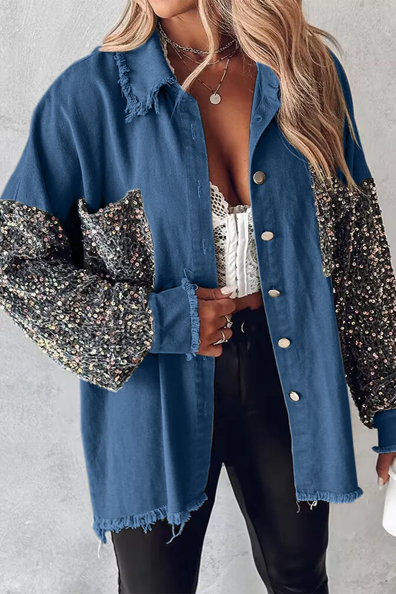 Fabiola | Casual tops with solid color sequin pocket turn-down collar - Image 4