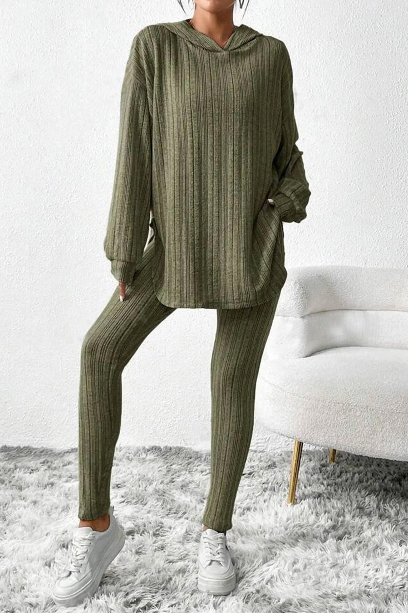 Fabiola | Ribbed Slit Mid Length Hoodie Leggings Set - Image 11