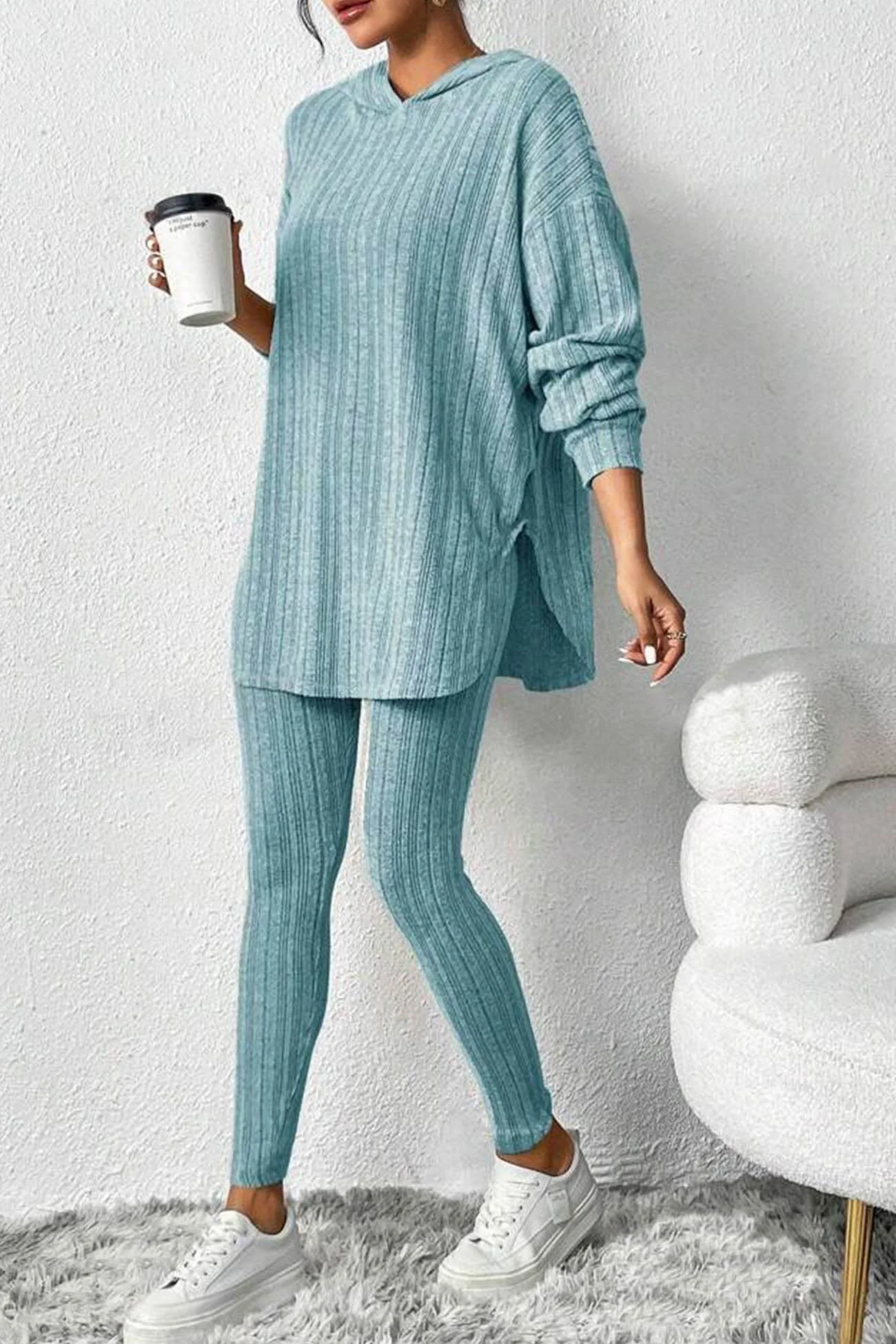 Fabiola | Ribbed Slit Mid Length Hoodie Leggings Set - Image 12