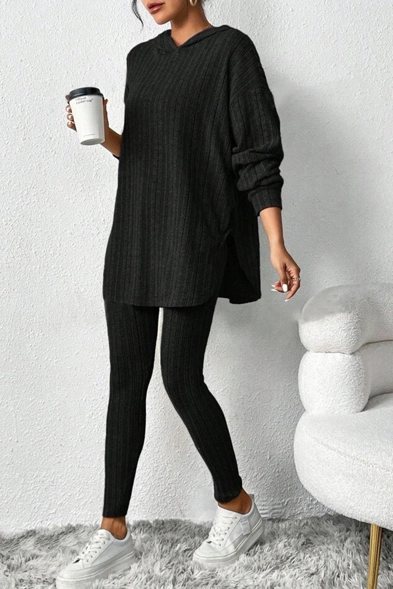 Fabiola | Ribbed Slit Mid Length Hoodie Leggings Set - Image 13