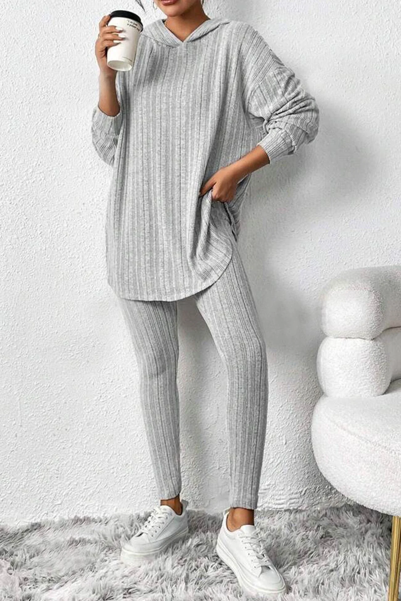 Fabiola | Ribbed Slit Mid Length Hoodie Leggings Set - Image 2