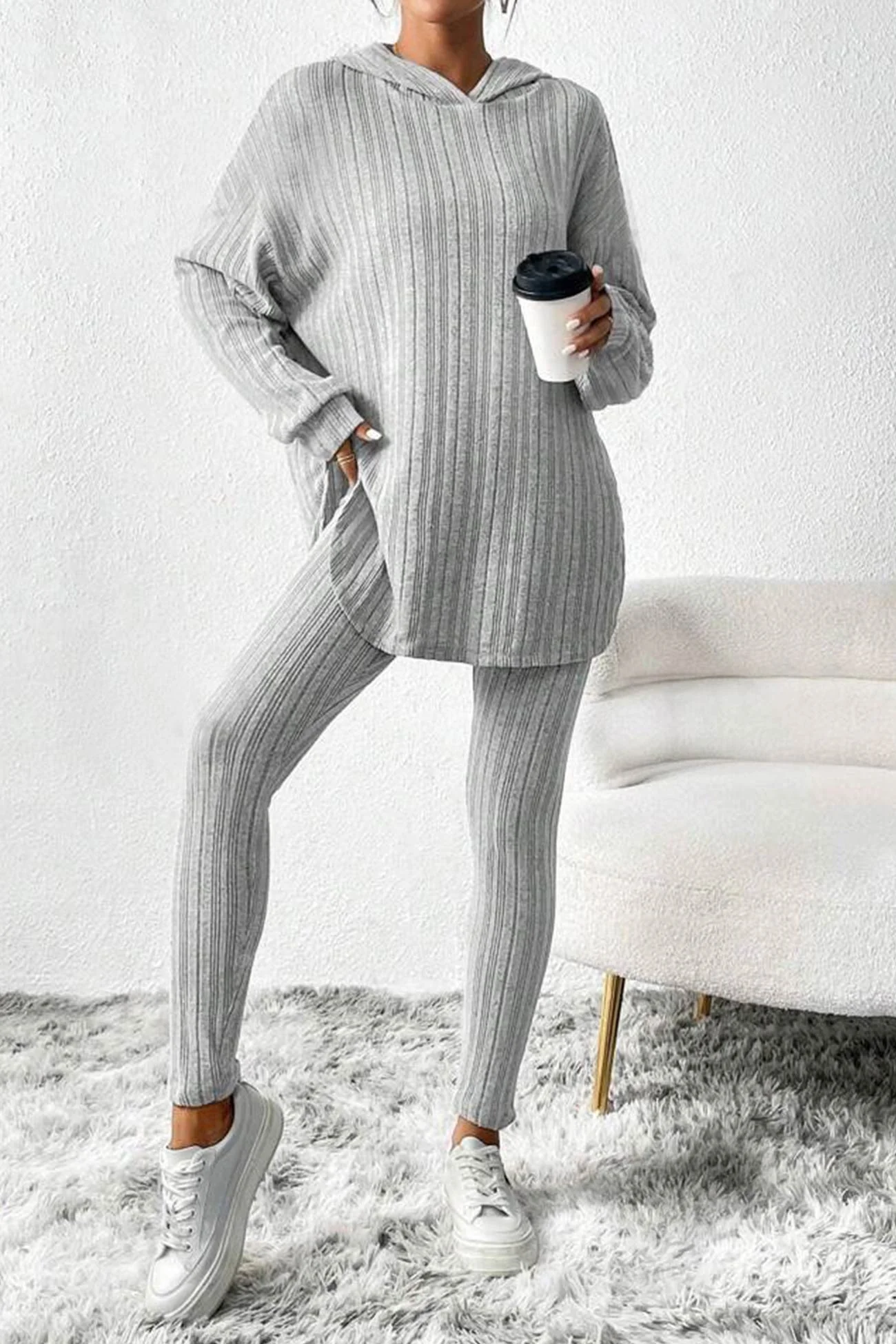 Fabiola | Ribbed Slit Mid Length Hoodie Leggings Set - Image 6