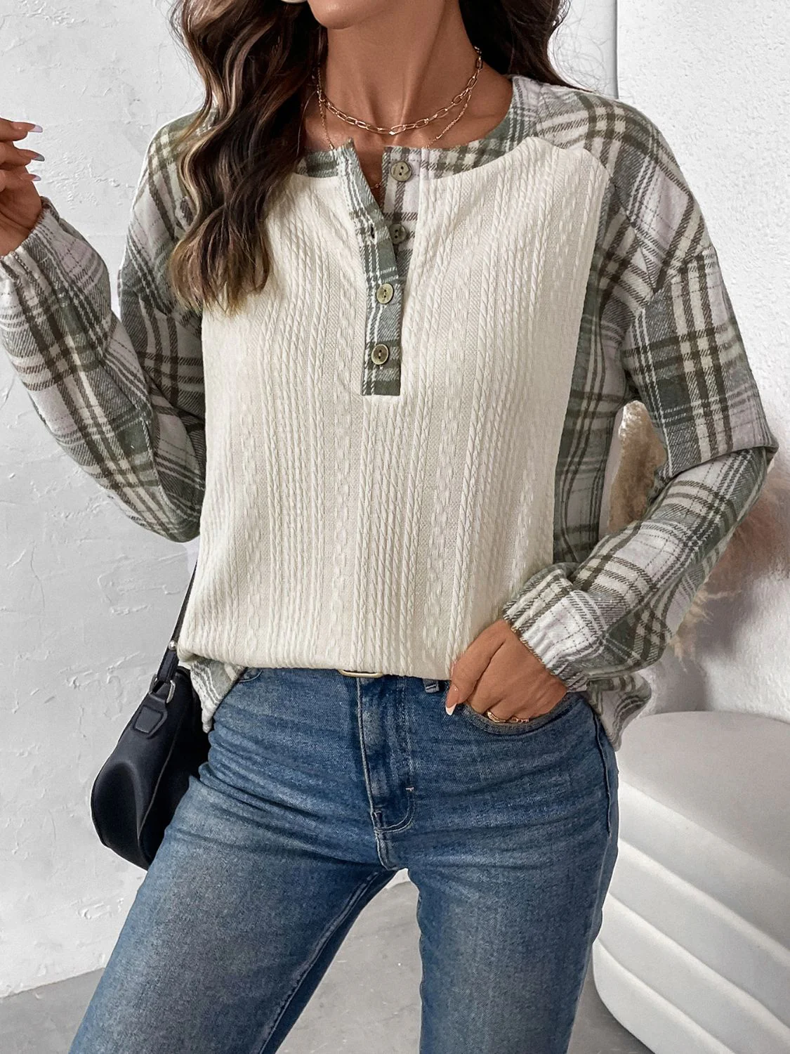 Felicidad | Perfee checked long sleeve half button t-shirt - Image 3