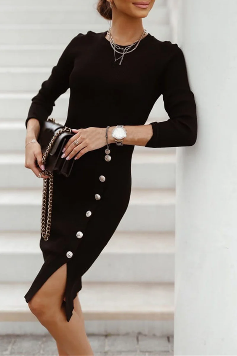 Felicidad | Street Solid Buckle O-Neck Pencil Skirt Dresses - Image 8