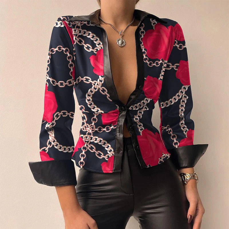 Felicidad® | V-Neck Pu Leather Printed Long Sleeve Patchwork Blouse - Image 7