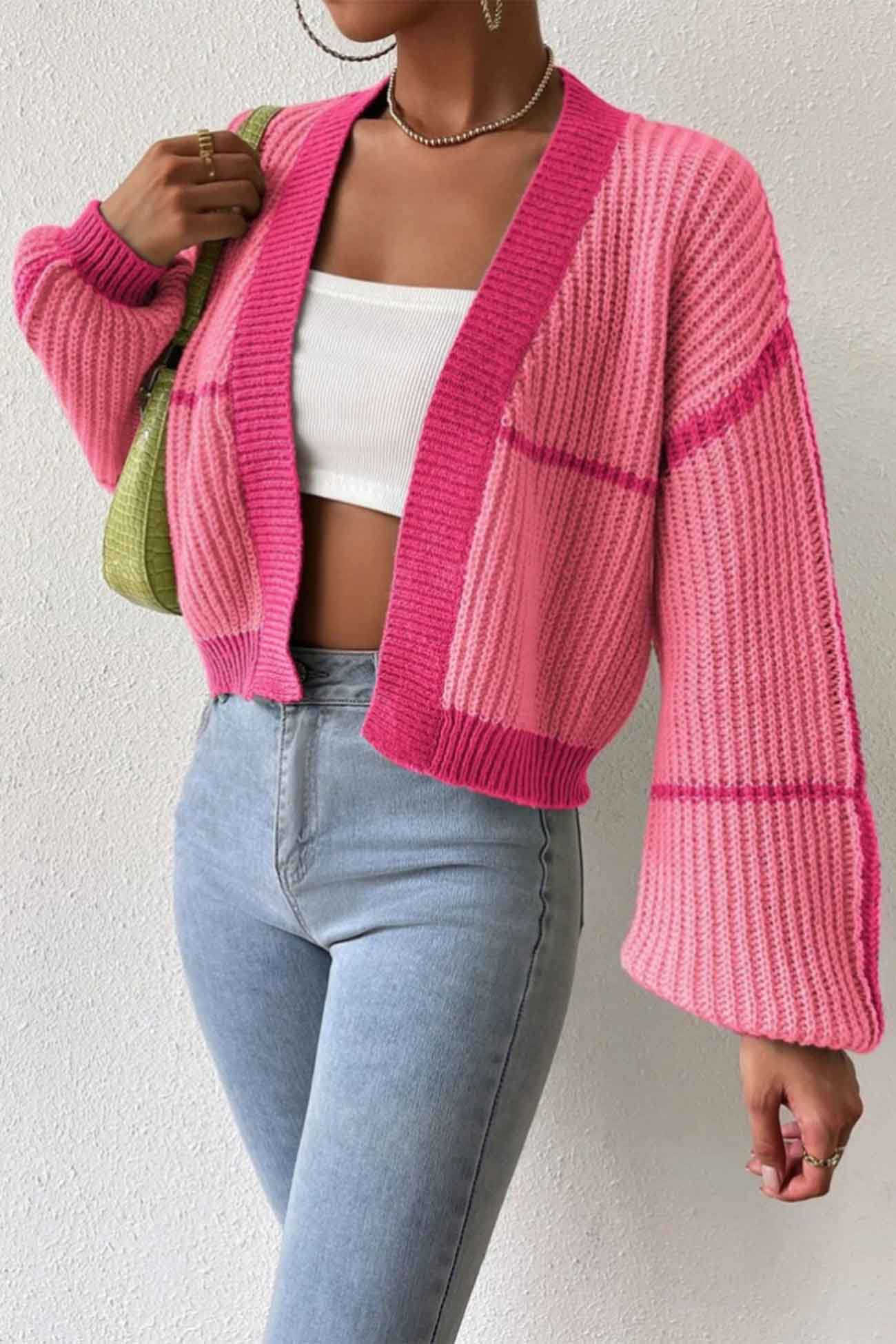 Felisa | Long sleeve open front patchwork knit cardigan - Image 10