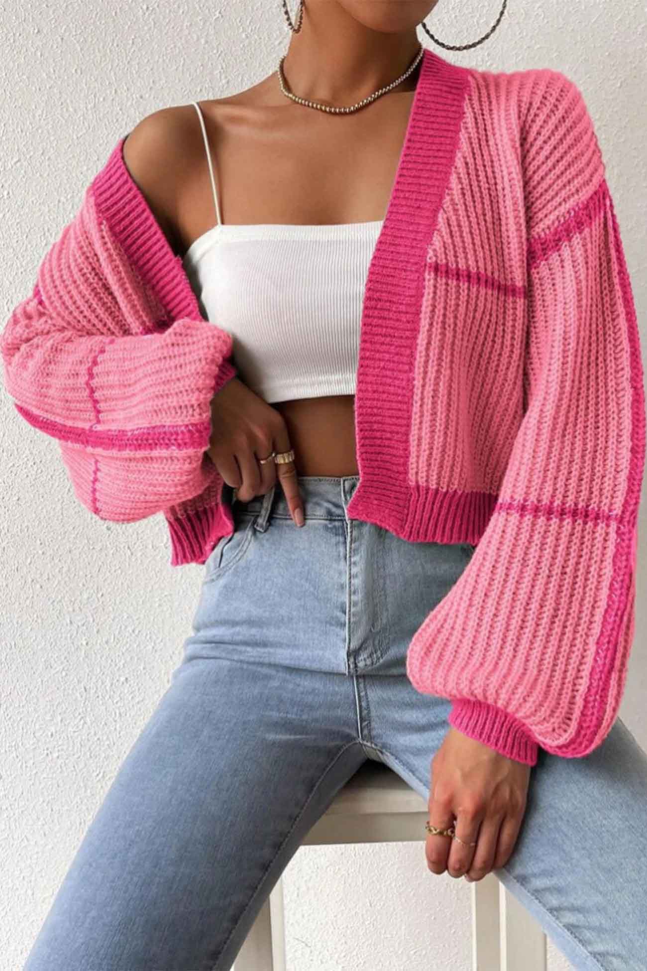 Felisa | Long sleeve open front patchwork knit cardigan - Image 9