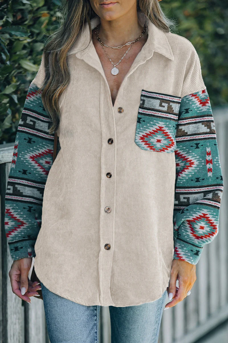 Fernanda | Casual blouses with geometric print and pocket patchwork and contrast turn-down collar - Image 2