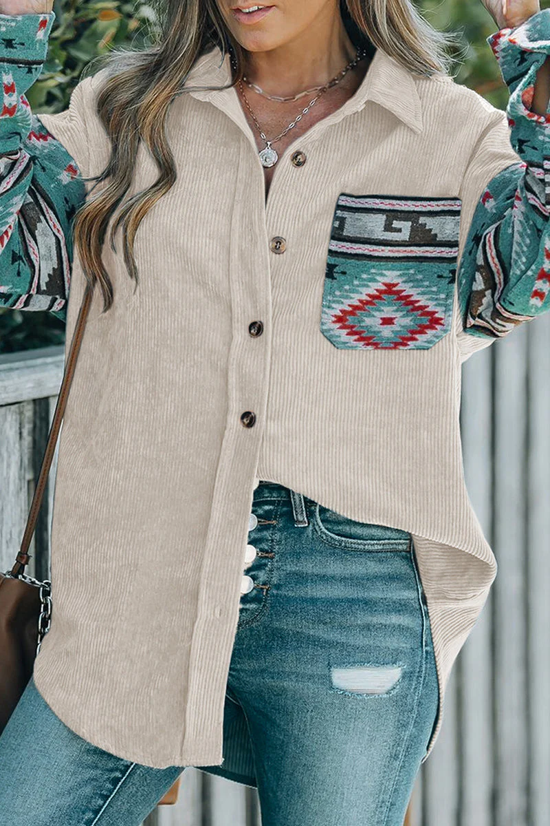Fernanda | Casual blouses with geometric print and pocket patchwork and contrast turn-down collar - Image 3