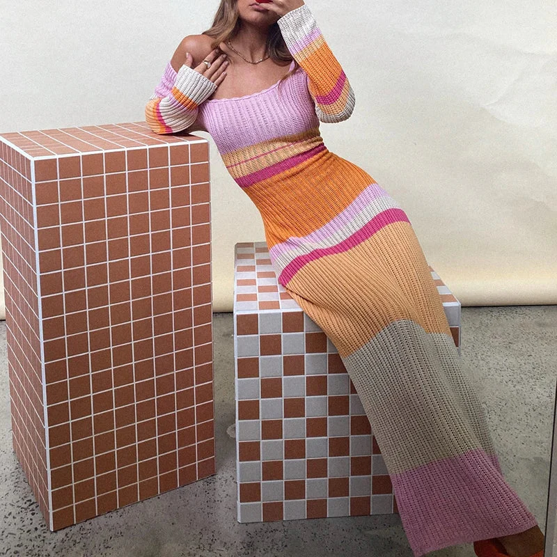 Fernanda® | Off Shoulder Striped Knit Maxi Dress