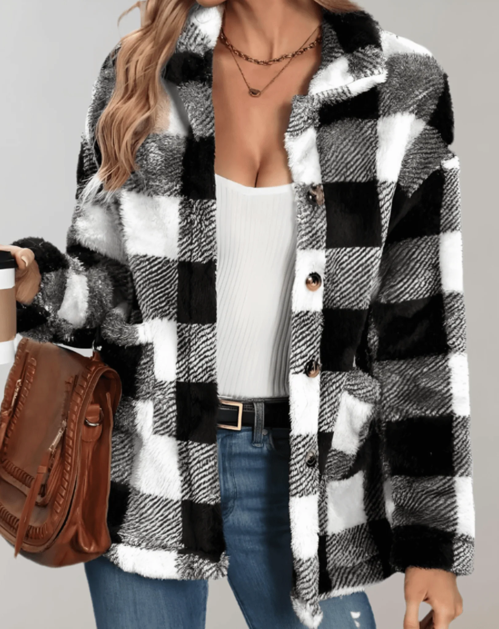 Fernanda® | Women's teddy plush jacket with full sleeves and check pattern - Image 2