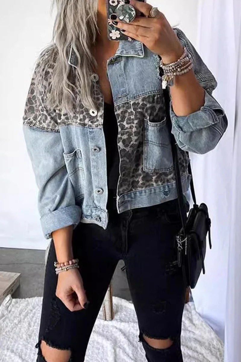 Fien | Casual leopard print button up outerwear in patchwork contrast turn down collar