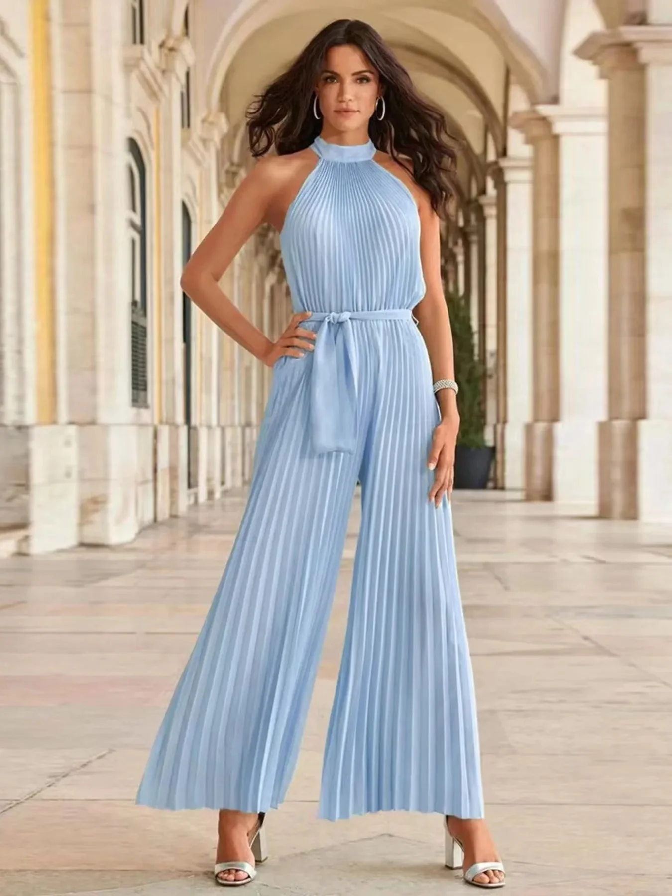 Fiorella® | Elegant Sleeveless Pleated Wide Leg Jumpsuit