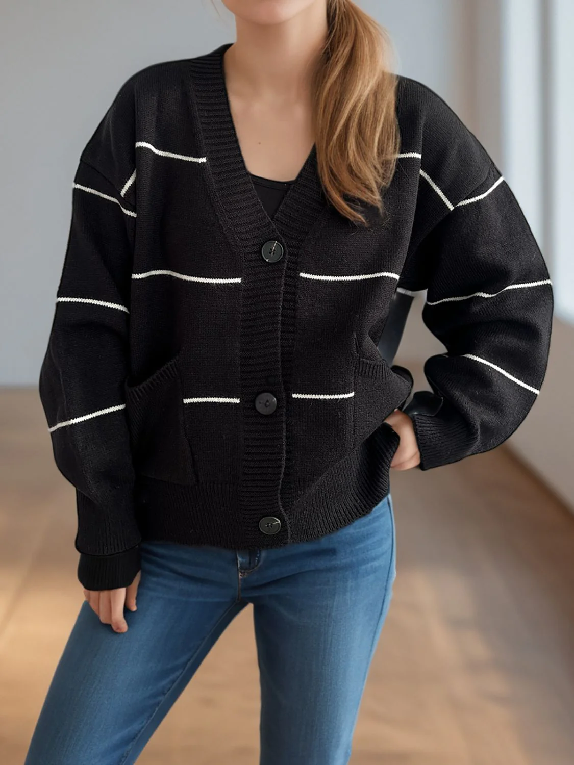 Flavia | Striped, long-sleeved cardigan with button placket and V-neck - Image 3