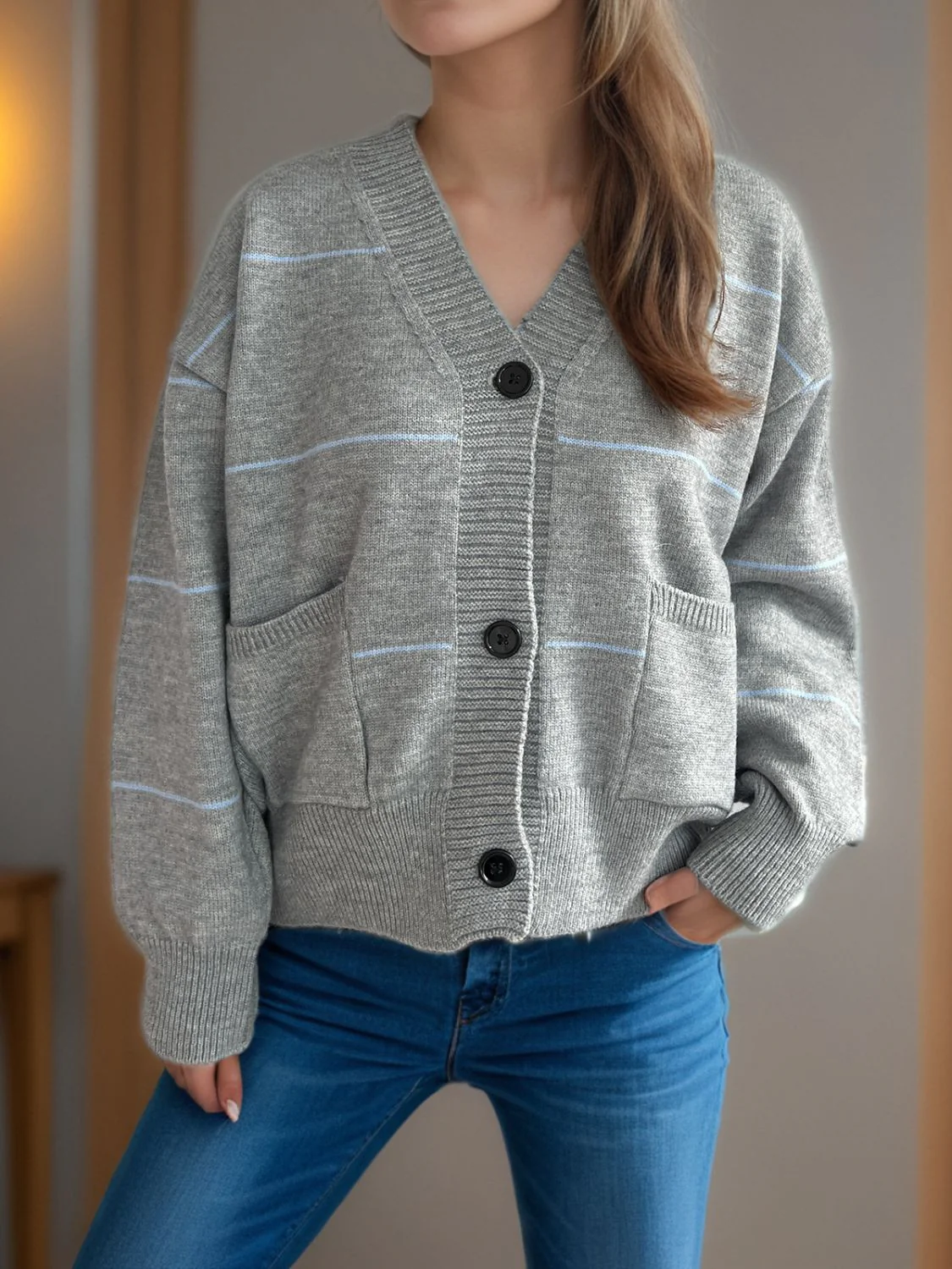 Flavia | Striped, long-sleeved cardigan with button placket and V-neck - Image 9