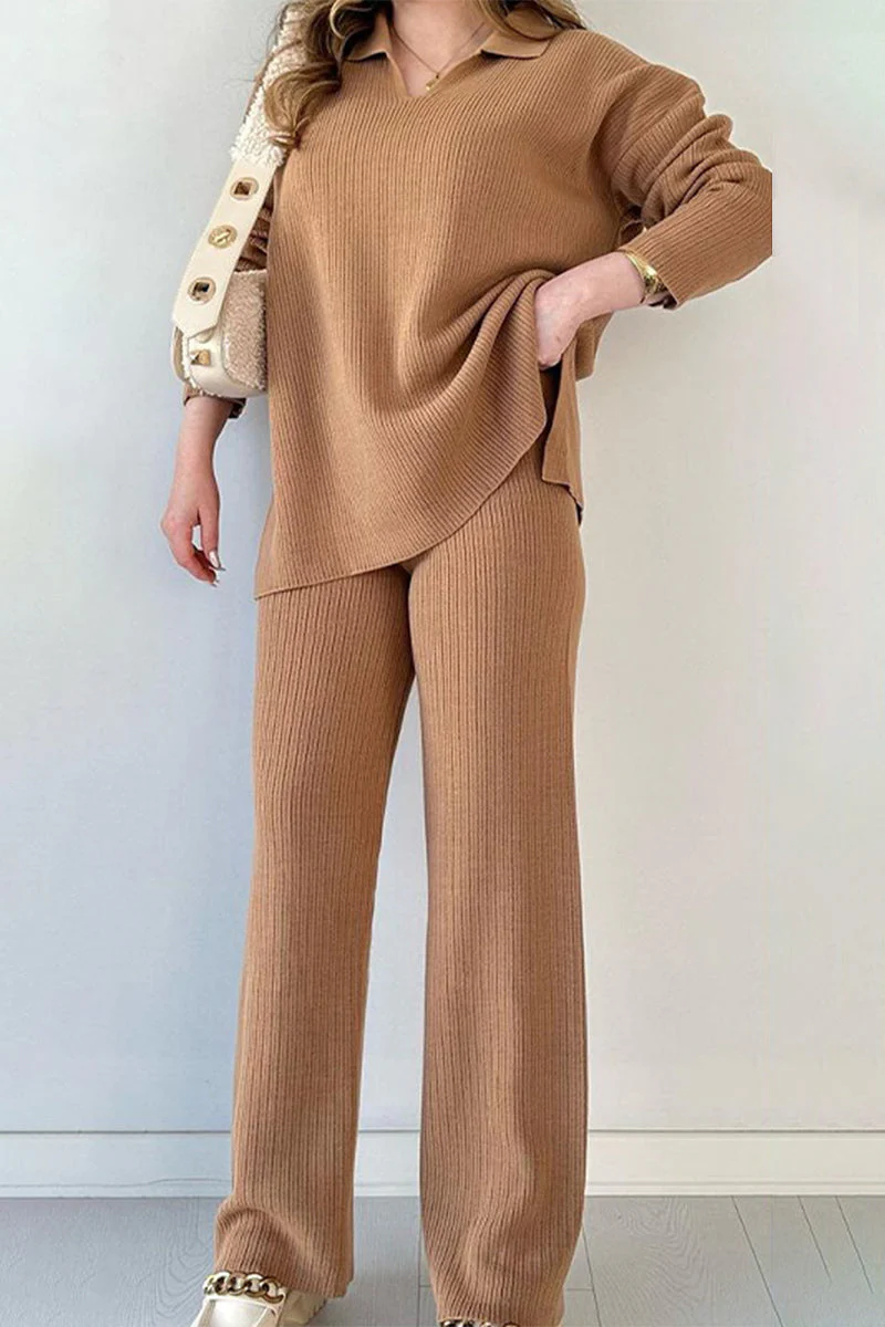 Flor | Casual simplicity, solid slit, turn-down collar, long sleeves, two-piece - Image 5