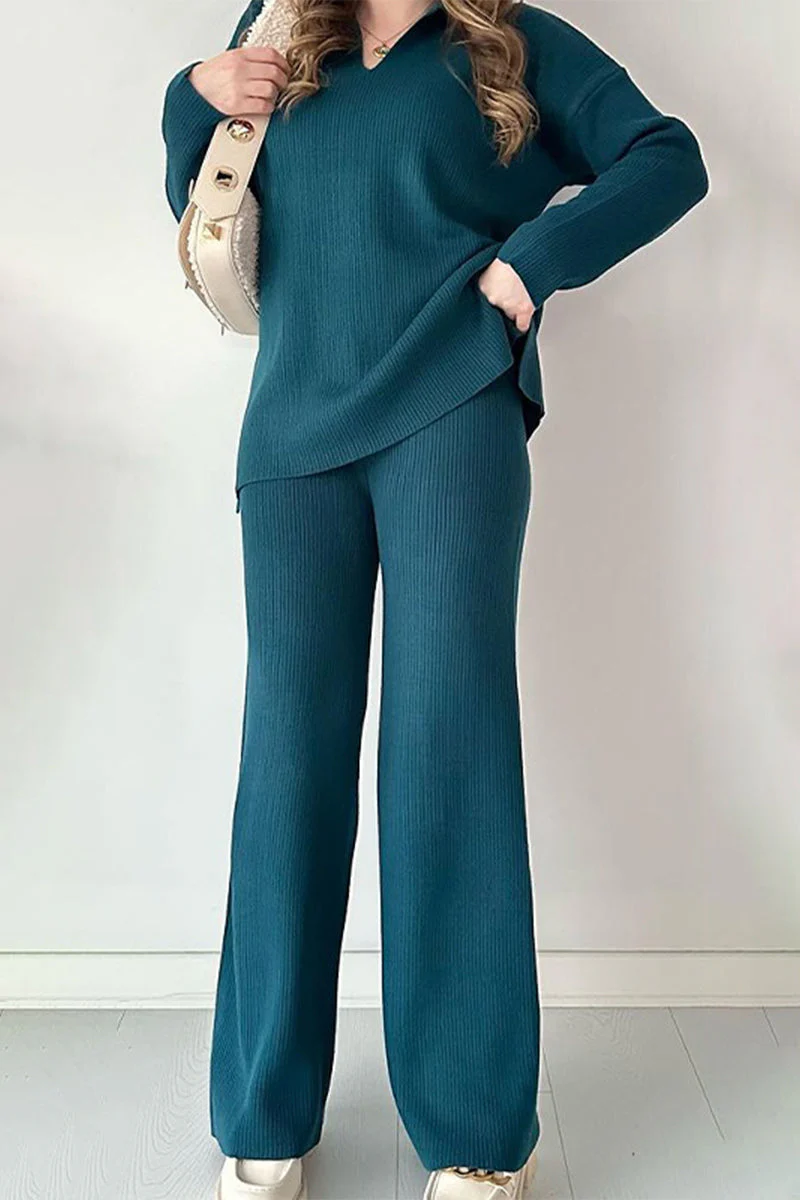 Flor | Casual simplicity, solid slit, turn-down collar, long sleeves, two-piece - Image 7