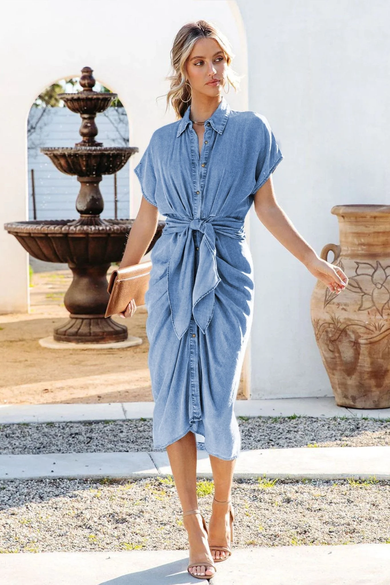 Flor® | Ruched Denim Midi Shirt Dress With Knot Detail - Image 2