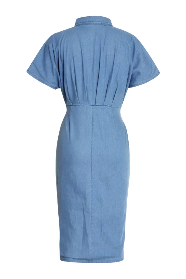 Flor® | Ruched Denim Midi Shirt Dress With Knot Detail - Image 5