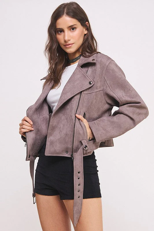 Florencia | LONG SLEEVE SUEDE MOTOR JACKET WITH BELT AND ZIPPER - Image 7