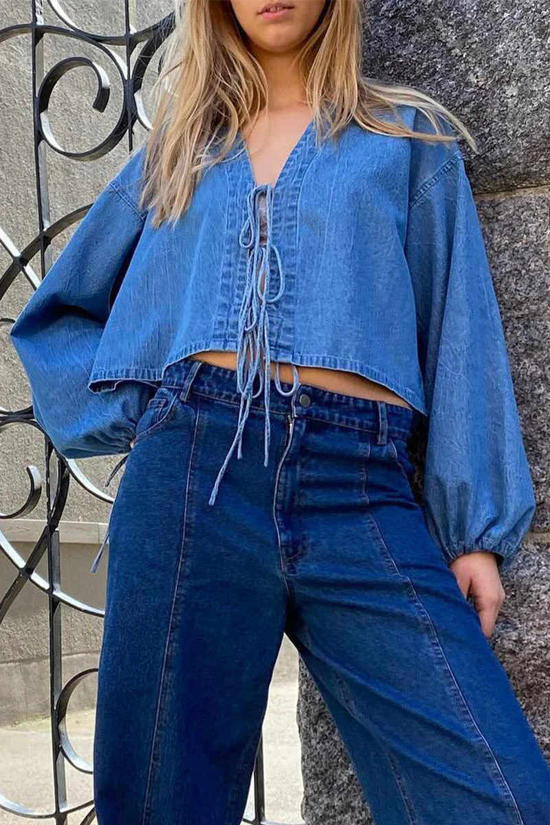 Franziska | Casual solid color outerwear with lace-up and V-neck