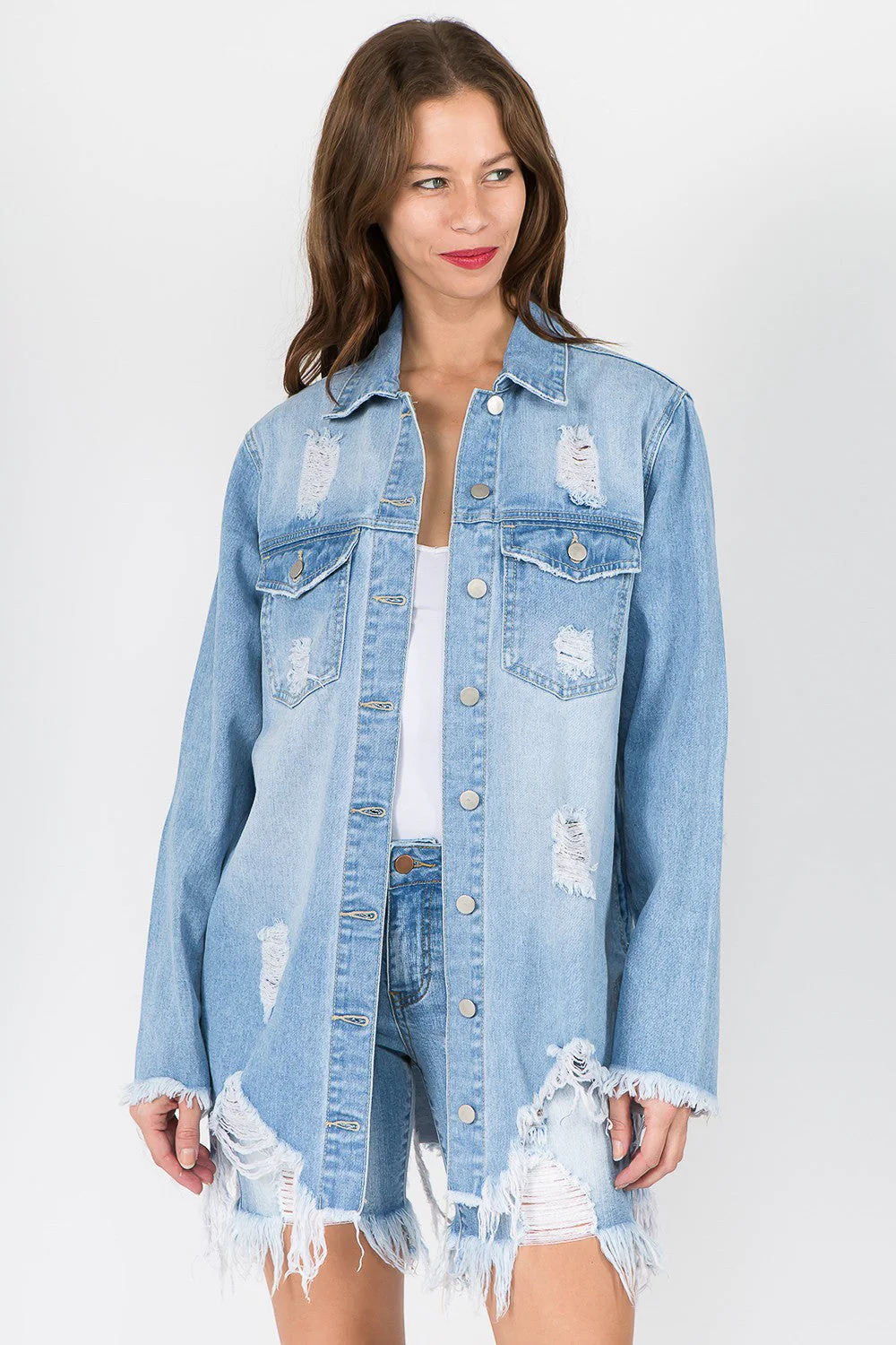 Frida | American Bazi distressed denim jacket with frayed hem