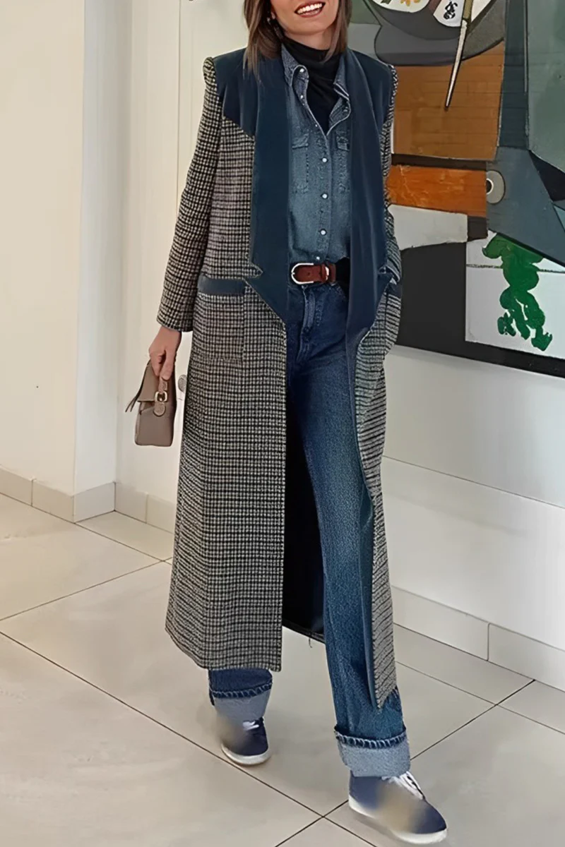 Frieda | Casual outerwear with street plaid patchwork contrast turn-down collar