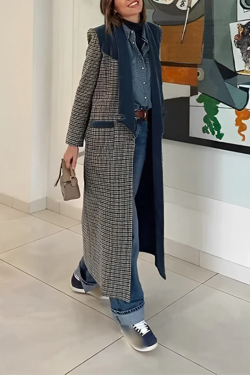 Frieda | Casual outerwear with street plaid patchwork contrast turn-down collar - Image 6