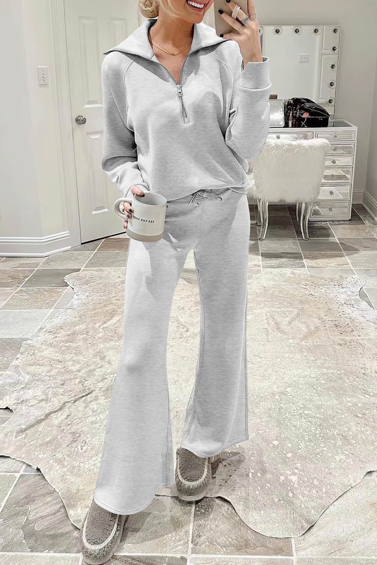 Gabriela | Lapel zip wide leg sweatshirt and long pants set - Image 10