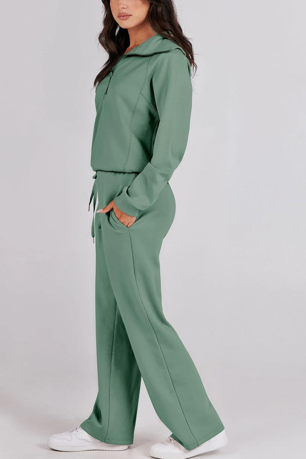 Gabriela | Lapel zip wide leg sweatshirt and long pants set - Image 23