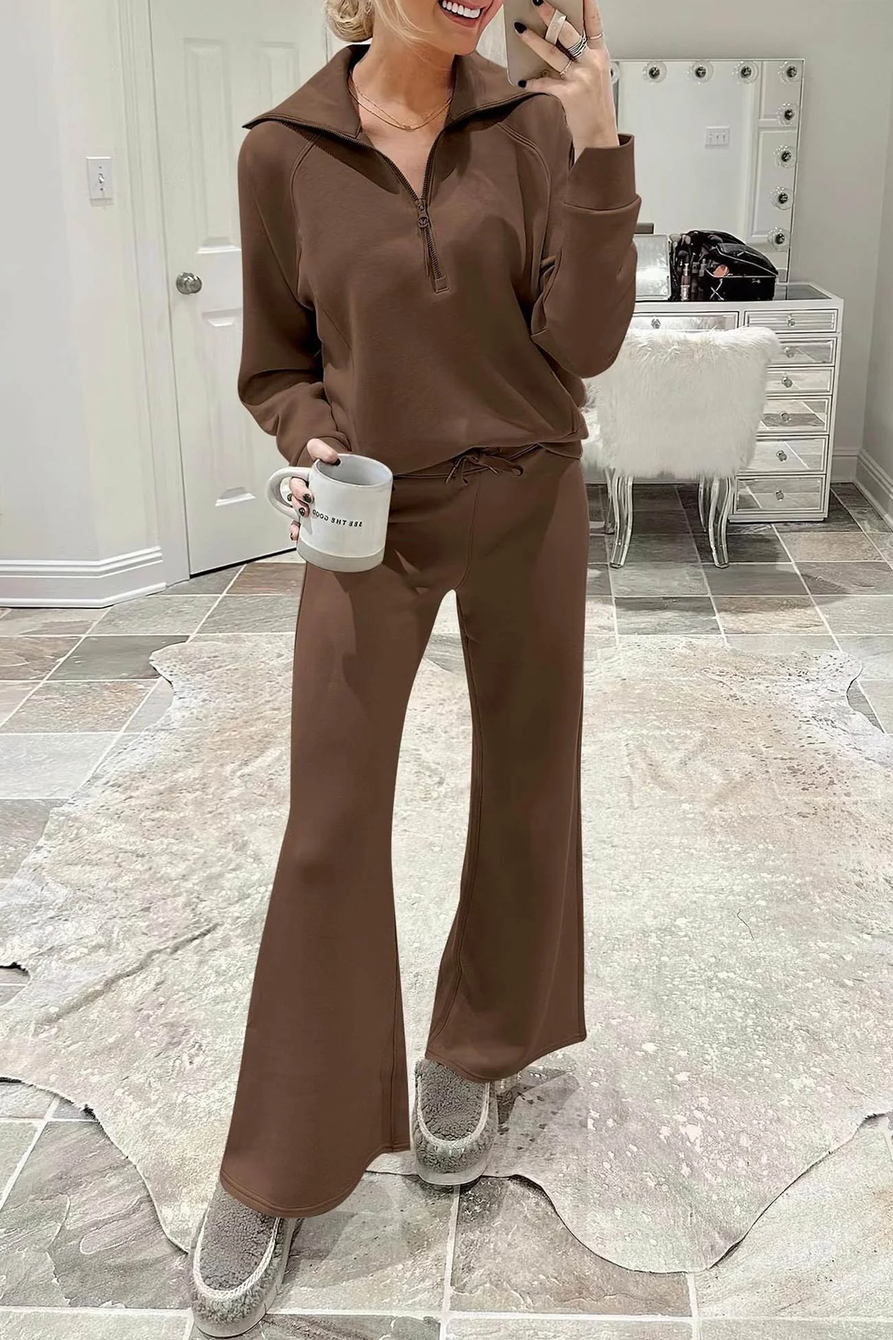 Gabriela | Lapel zip wide leg sweatshirt and long pants set - Image 30