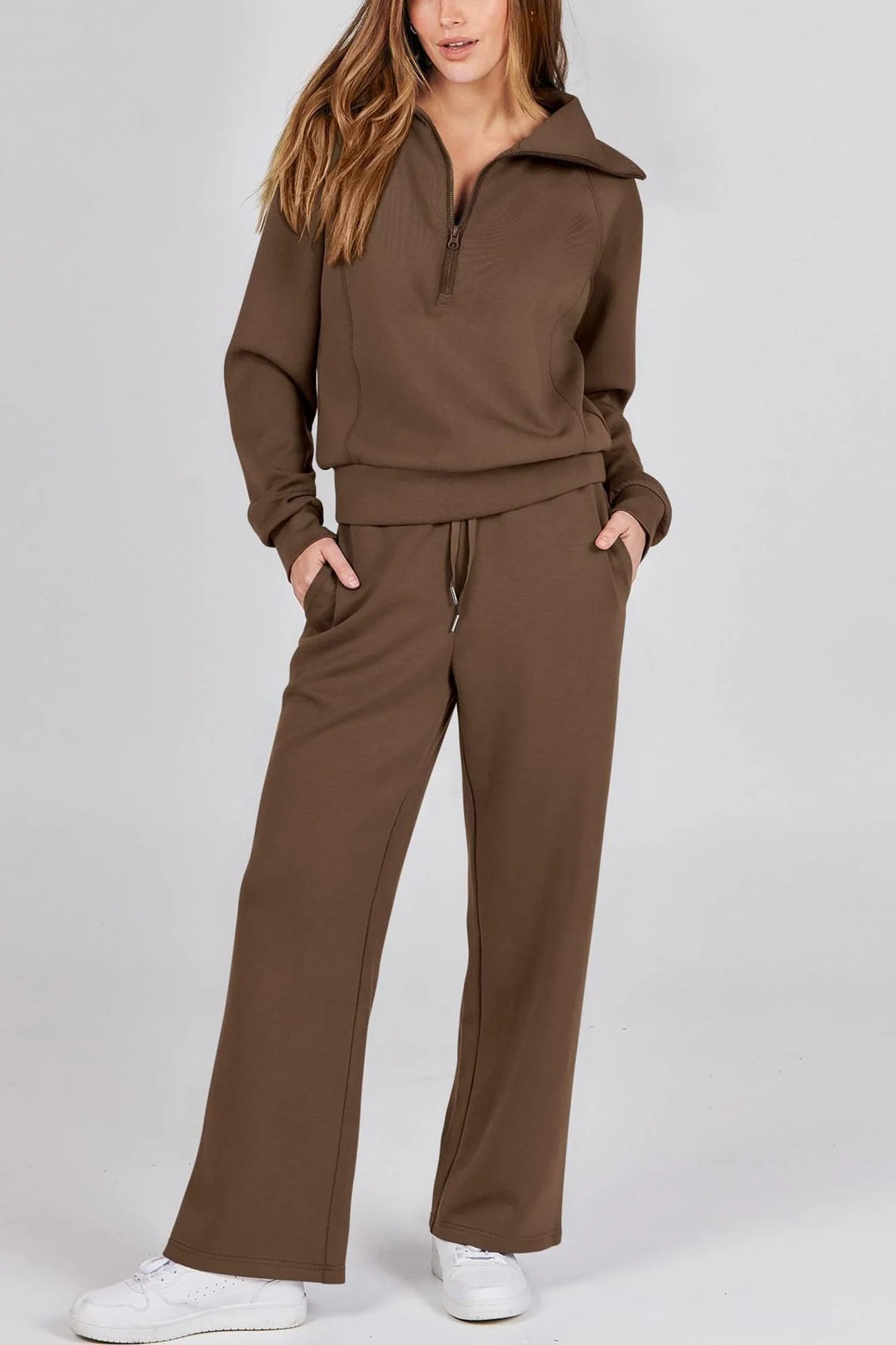 Gabriela | Lapel zip wide leg sweatshirt and long pants set - Image 31
